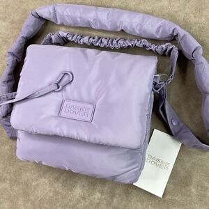 Dagne Dover Kitty Crossbody Bag Dusk Violet Puffy Quilted Nylon Adjustable Strap